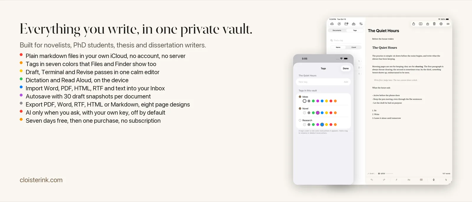 Cloister Ink on an iPad and an iPhone, with the headline Everything you write, in one private vault, and nine features listed beside the devices.