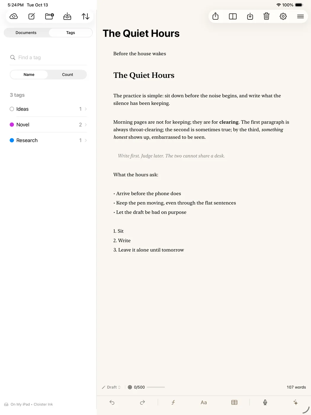 Cloister Ink on an iPad Pro: the Tags tab in the sidebar beside an open document.