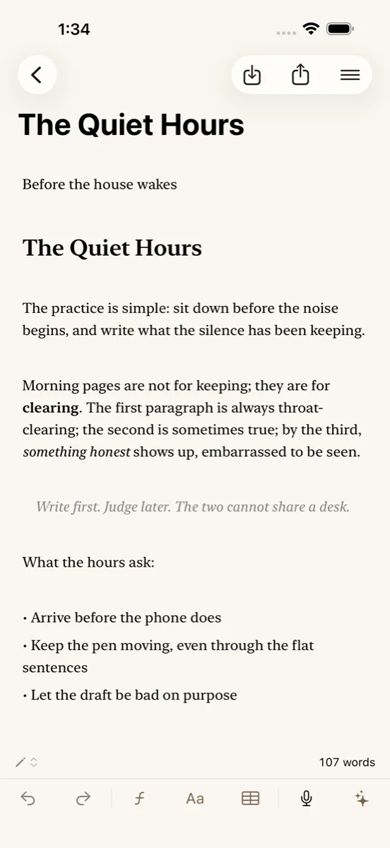 The editor on iPhone in light mode: a document titled The Quiet Hours in a serif face, with a formatting bar, dictation microphone, and word count at the bottom.