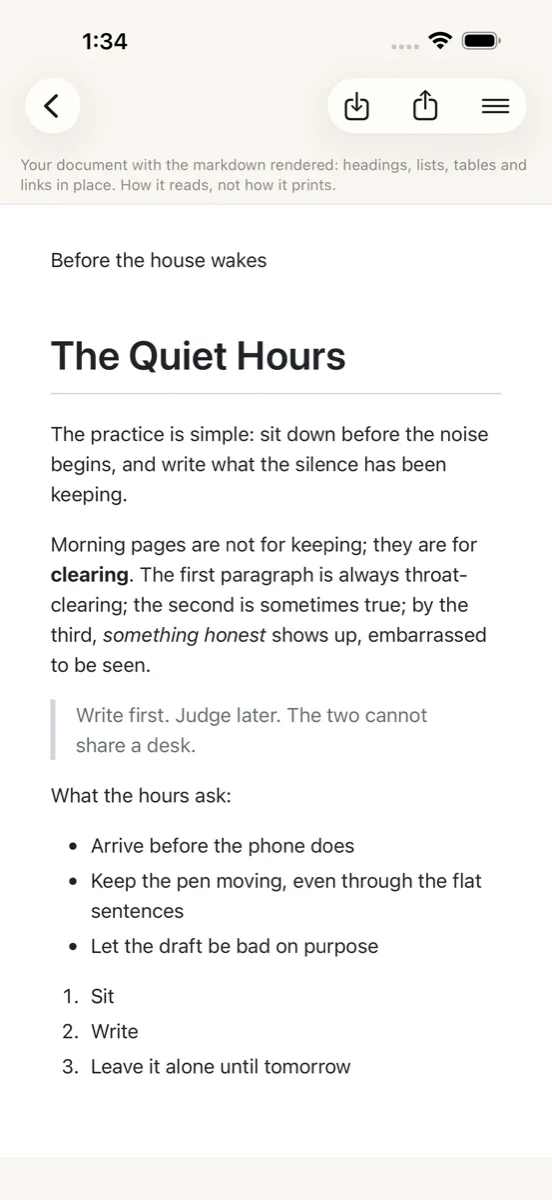 Preview on iPhone: the markdown rendered with headings, a block quote, bullets, and a numbered list.