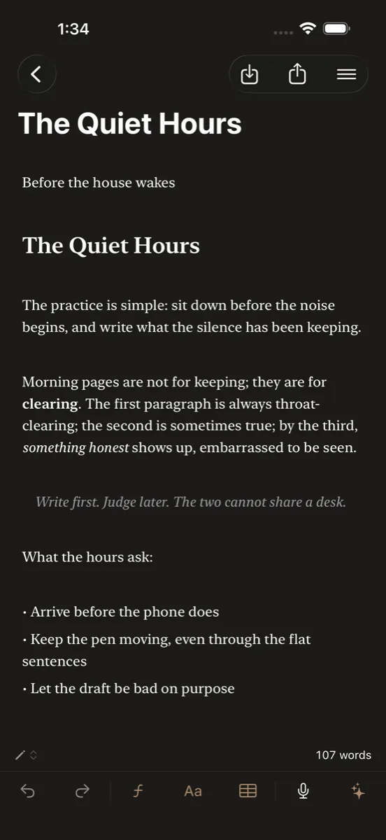 The same document on iPhone in dark mode.