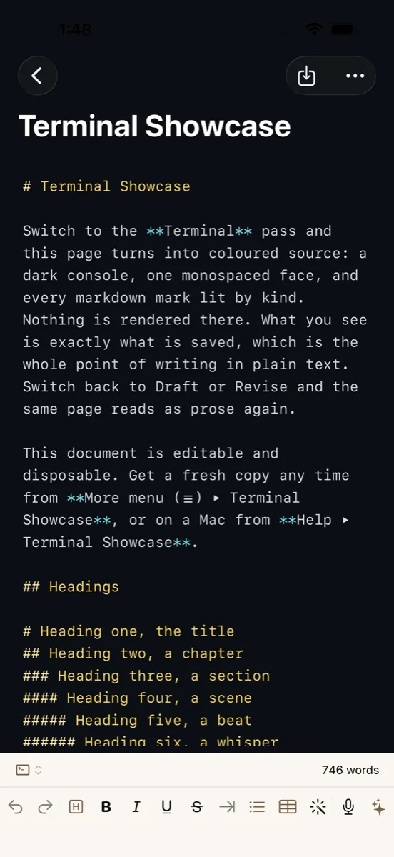The Terminal pass on iPhone: the same markdown shown as coloured source on a dark console, one monospaced face, every markdown mark lit by kind.