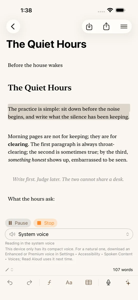 Read Aloud on iPhone: the current sentence is tinted on the page, with Pause and Stop buttons and a voice picker set to System voice.